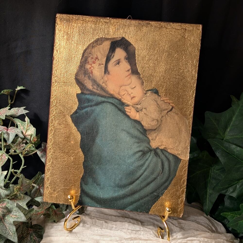 Vintage Italian Madonna del Ferruzzi Plaque Gold Gilt Religious Icon Catholic